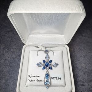 NWT Cross Pendant Necklace - Sterling Silver/Blue Topaz/Diamond